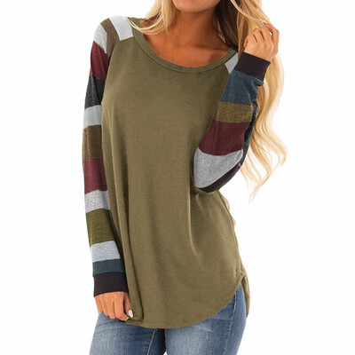 

Round neck long sleeve color block stitching womens T-shirt womens shirt