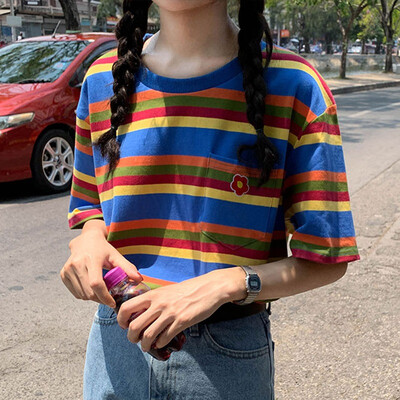 

Harajuku Rainbow Striped Tee Shirts Korean Casual Sumemr O-neck Loose Women Tops Clothes Female Short Sleeve Tshirts