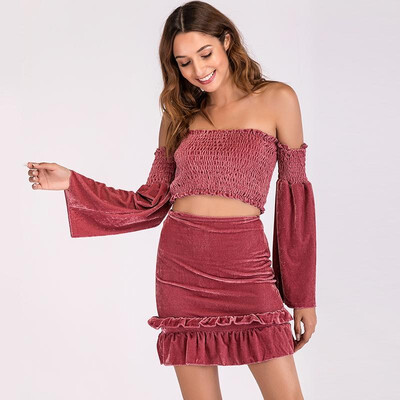 

Women Two Piece Set Velvet Shirred Crop Top Pencil Skirt Off Shoulder HIgh Waist Ruffle Bodycon Sexy Suit