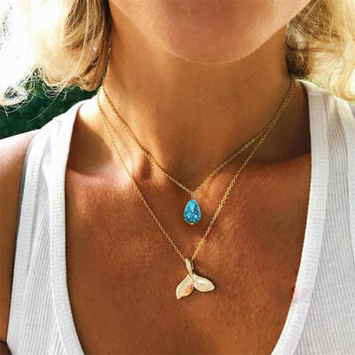 

Exquisite Female Necklaces Mermaid Fishtail Blue Tears Pendant Multilayer Gold Necklace Set Romantic Beach Valentines Day Gift