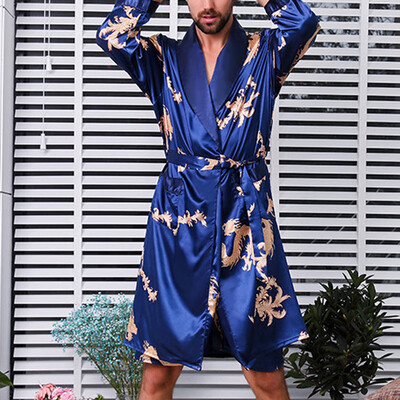 

Mens Dragon Kimono Chinese Men Faux Silk Robe Gown Bathrobe Dress Nightrobe