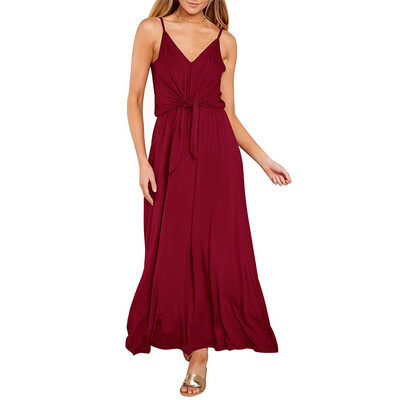 

Women Temperament Deep V Summer Solid Color Mid-length Sleeveless Sling Casual Dress