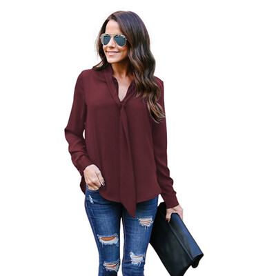 

Roseonmyhand Womens Solid Long Sleeved V-Neck Casual Tie Chiffon Shirt Top Blouse