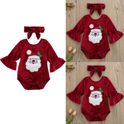 

US Newborn Baby Girl Boy Santa Romper Bodysuit Jumpsuit Headband Outfits Clothes