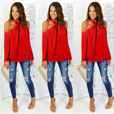 

Nomeni Womens Sexy Long Sleeve Off The Shoulder Chiffon Crop Tops Blouse T-Shirt