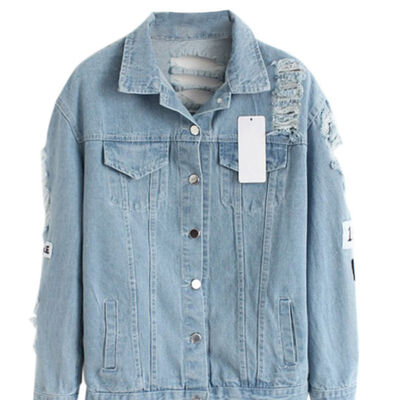

Women Fashion Denim Coat Frayed Letter Print Vintage Jacket Female Outwear Autumn