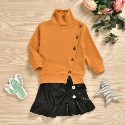 

Infant Baby Girl Orange Sweater Black Short Leather Skirt Autumn Winter Clothes