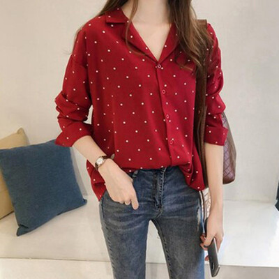 

Womens Fashion Polka Dot Printed Lapel Shirt Long-sleeve Tops Casual Tee Shirts