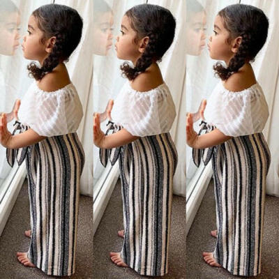 

Toddler Kids Baby Girls Off Shoulder Tops Striped Long Pants Outfits Set Clothes