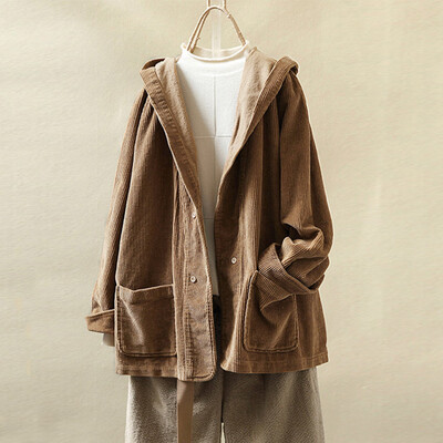 

Toponeto Women Vintage Corduroy Hooded Pockets Long Sleeves Plus Size Jacket Coat