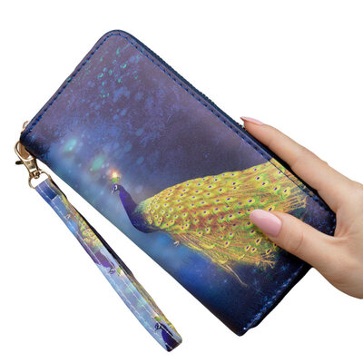 

Peacock Printed Purse Women Zip Faux Leather Wristlet Long Purse Phone Holder