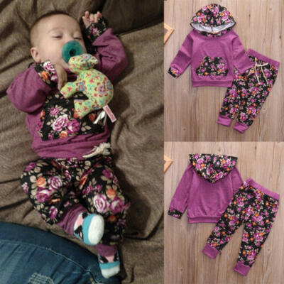 

Cute Baby Girls Infant Long Sleeve Hooded TopsPants Set Floral Print Outfits