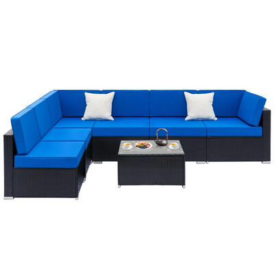 

Zimtown Outdoor Black Rattan Pool Garden 6 Seater Sofa with Blue Cushions
