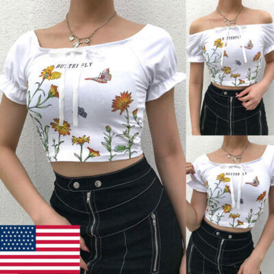 

Womens Floral Print Off Shoulder Puff Sleeve Crop Top Beachwear T-Shirts Blouse