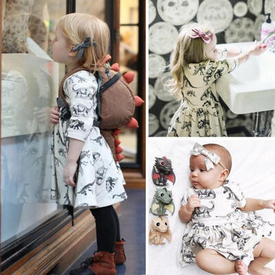 

Kids Baby Girls Gray Animal Half Sleeve Dinosaur Dress Outfits Clothes One-Piece