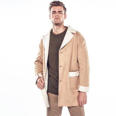 

Toponeto Winter Mens Fleece Collar Composite Lamb Fur Casual Single Breasted Windbreaker