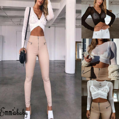 

Women Sheer Mesh Fish Net Short Sleeve Turtle Neck See Crop Top T-Shirt Blouse