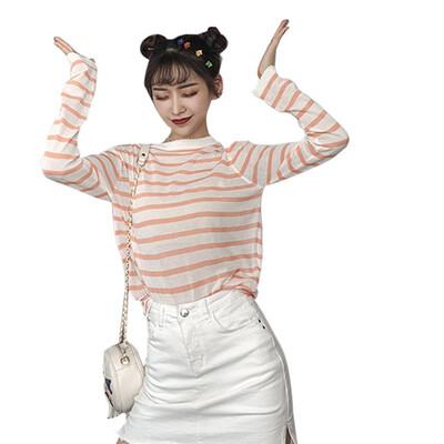 

Women Round Neck Korean Style T Shirt Harajuku Top Long Sleeved Striped Tops female Tshirt Summer Casual Tops