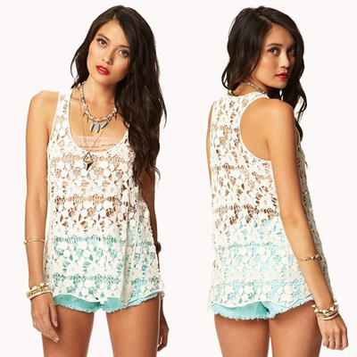 

Women&acutes Sexy Lace Crochet Hollow Sleeveless Swimwear Bikini Cover Up Beach Dress