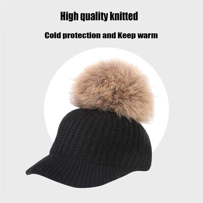 

Tailored Women Autumn Winter Outdoor Warm Fur Ball Hats Crochet Knit Holey Beanie Cap