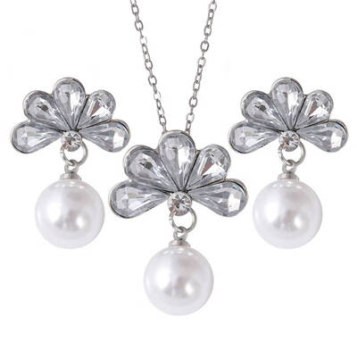 

Modern Flower Style Shiny Rhinestone White Pearl Pendants Necklaces Earrings Ear Stud Set