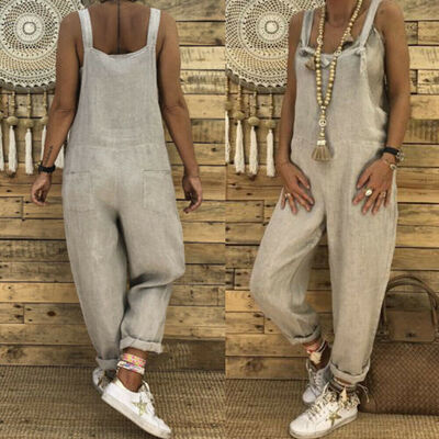 

Womens Ladies Casual Linen Jumpsuit Dungarees Playsuit Trousers Overalls