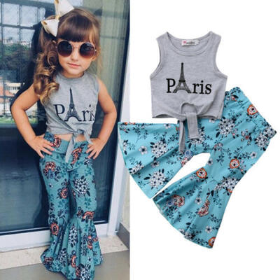 

Canis Fashion Kids Baby Girls Eiffel Tower Tops Vest Flower Pants Outfit Clothes