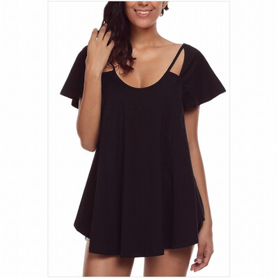 

Round neck short sleeve cross strap solid color casual straight T-shirt top