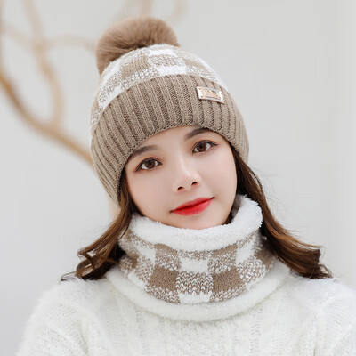 

Hat womens winter wool hat plus velvet knitted hat warm ear guard neck set two-piece set of wool ball hat cute hat