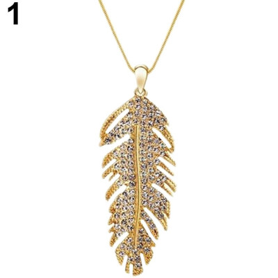 

Women\s Fashion Bohemian Alloy Rhinestone Feather Pendant Link Chain Necklace