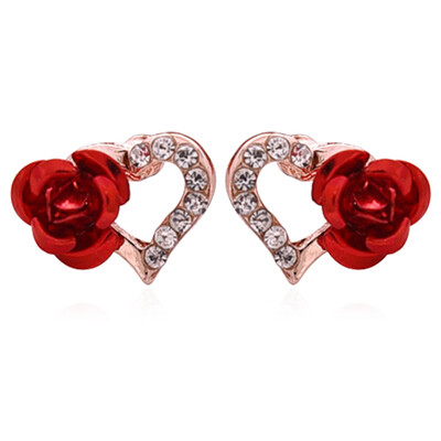 

Fashionable Sweet Red Rose Earrings Flashing Diamond Heart Simple Wild Female Earrings