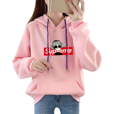 

Women Simple New Autumn Warm Hoodies Long Sleeve Cute Print Plus Velvet Loose Hooded Sweatshirts
