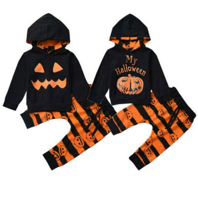 

US Toddler Baby Girl Boy Halloween Clothes Hooded Tops Stripe Long Pants Outfits