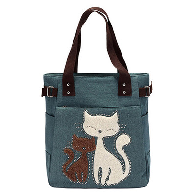 

Fashion Women Cat Print Large Capacity Zipper Tote Shoulder Bag Canvas Handbag