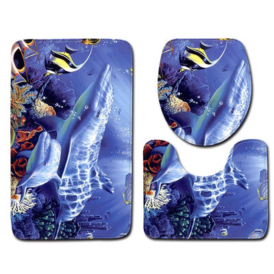 

Blue Sea Contour Carpet 3 Piece Rug Set Toilet Covers Non-slip Bathroom Mat