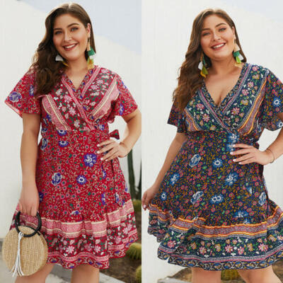 

Women Wrap Summer Boho Floral Mini Print Dress Ladies Holiday Beach Size 12-26