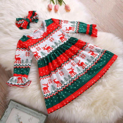 

2Pcs Xmas Toddler Kids Baby Girls Long Sleeves Cartoon Deer Party Dress Sundress