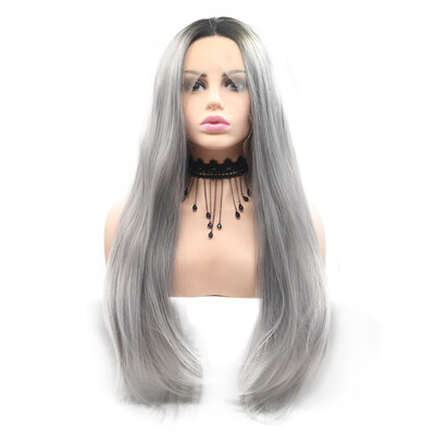 

Amazing Star Lace Frontal Wigs Straight Silver Gray Hair Heat Resistant Fiber Middle Part Synthetic Hair