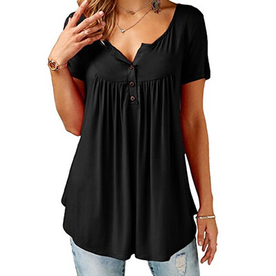 

Womens Fashion Casual V-neck T-shirt Pleated Button Loose Blouse Short Sleeve Irregular Hem Tops