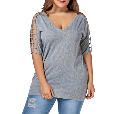 

Roseonmyhand Plus Size Fashion Women Hollow Out Sleeve T-Shirt V-Neck Blouse Casual Tops