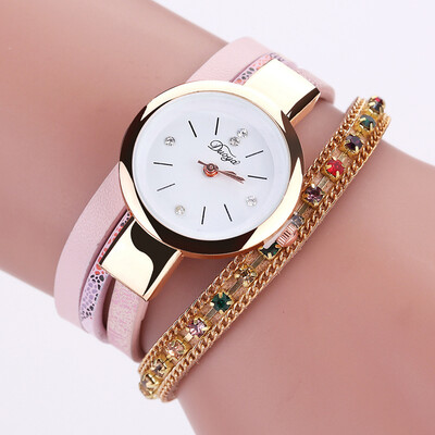 

Korean version of the watch small fresh colorful rhinestone PU leather winding bracelet watch casual small dial female fashion watch