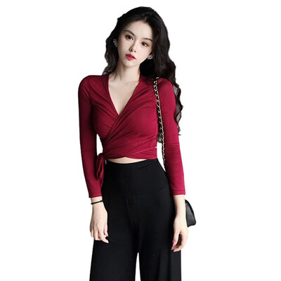 

Sexy Slim V-neck Wrapped Womens Crop Tops Novel Solid Color Long-sleeved T-shirts