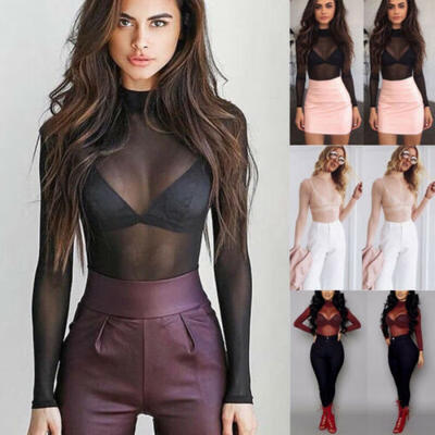 

US Women Mesh Fish Net Slim Bodysuit Leotard Long Sleeve Tops Playsuit Jumpsuit