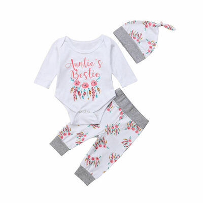 

Newborn Baby boys 3pcs Outfit Set Aunties Bestie Romper Floral Pants Set