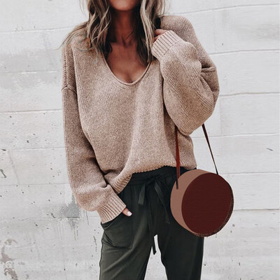 

Womens V-neck Knit Sweater Ladies Long Sleeve Casual Loose Jumper Pullover Tops