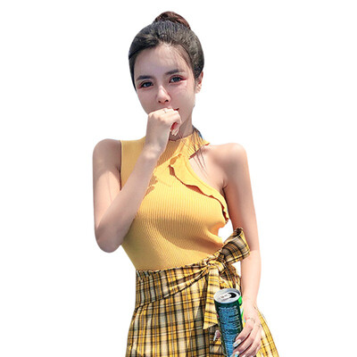 

Womens Summer Sleeveless Irregular Ruffles Tank Top Vintage Striped Solid Knitted Sports Tight T-Shirt