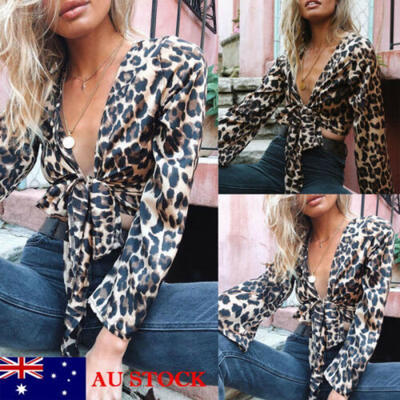 

AU Womens Leopard Print Long Sleeve Loose Blouse Casual Shirt Summer Top T-Shirt
