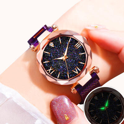

New Fashion Starry Sky Watch Roman Number Clock Magnetic Mesh Band Stainless Steel Quartz Wristwatch Ladies Diamond Watches