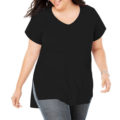 

Nomeni Womens Plus Size Casual Short Sleeve Shirt V-neck Loose Slit Shirt T-shirt