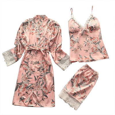 

Toponeto Women Sexy Satin Fashion Print Lace Bow Sleepwear Pajamas Sets 3 Pieces